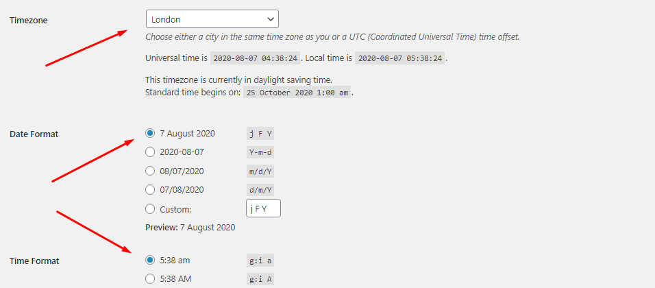 WordPress timezone settings